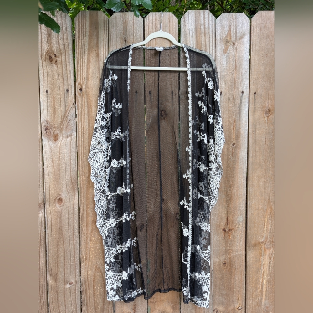 Black Sheer Kimono with White Floral Embroidery